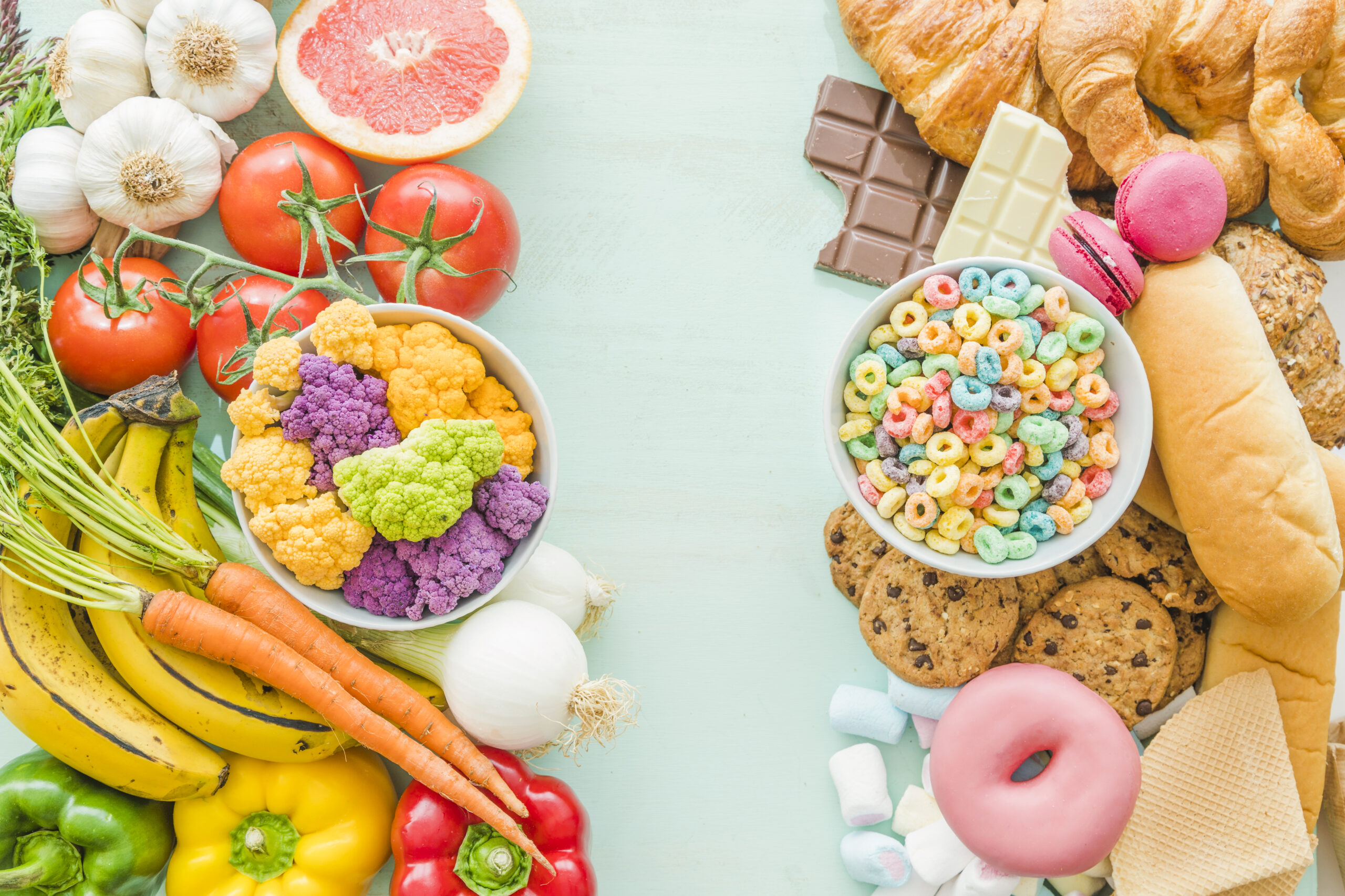 overhead-view-unhealthy-healthy-food-background